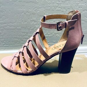 XOXO brand - lightly worn, like new, pink 3 inch heel sandal in size 8.